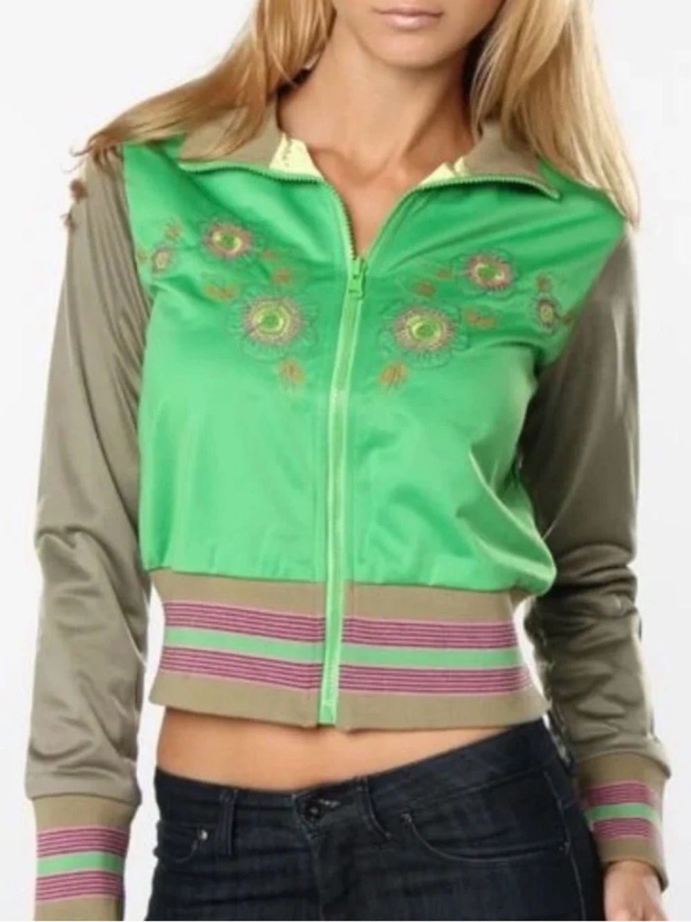 Green Embroidered Zip-Front Women's Jacket